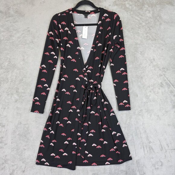 Ann Taylor Dresses & Skirts - Ann Taylor Dress Womens 2 Black Floral Wrap V Neck Tie Waist Long Sleeve Jersey
